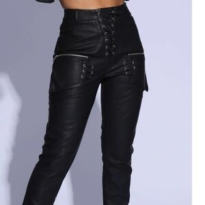 Murci leather look high rise lace up pocket detail pants in black